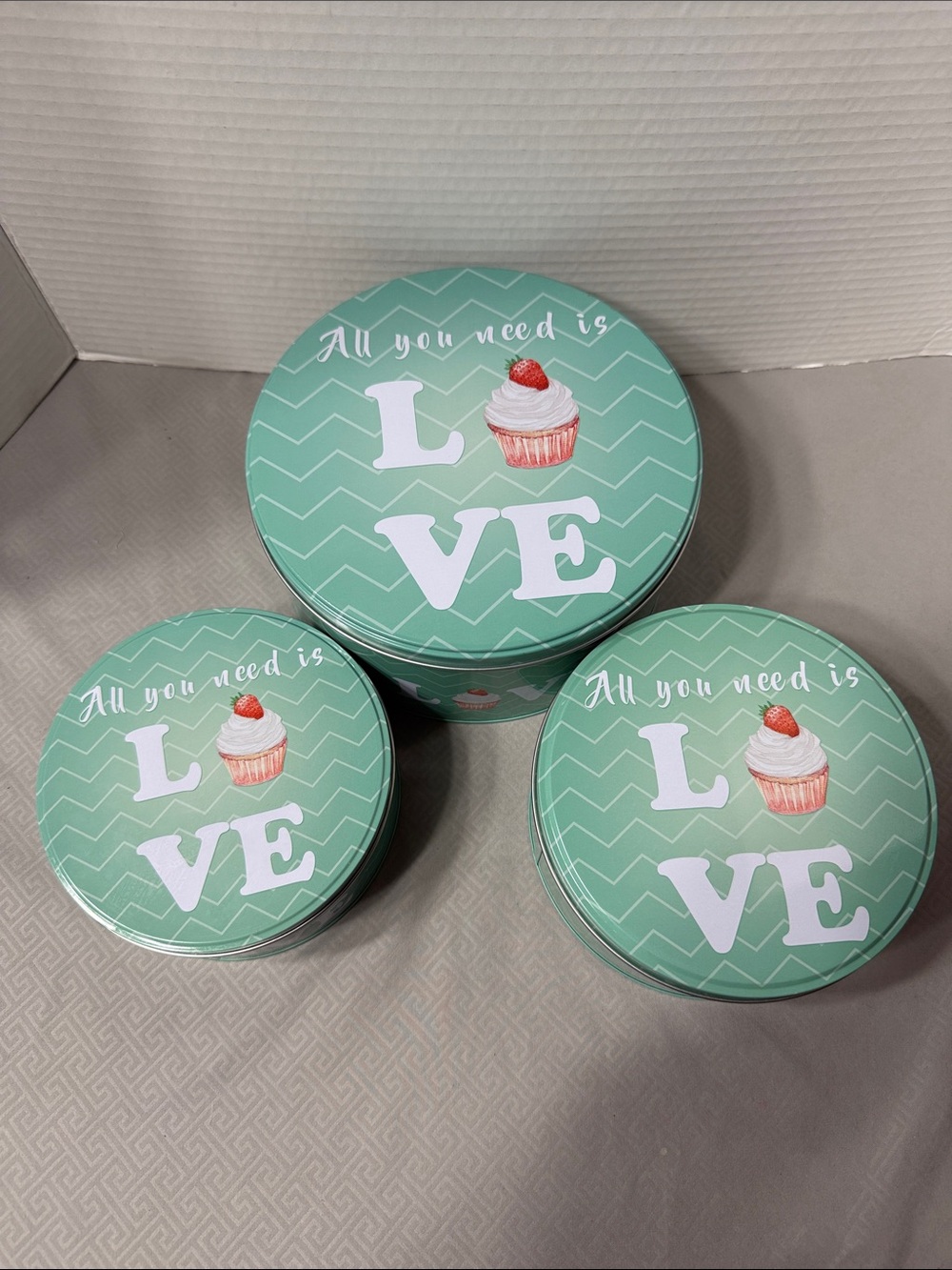 All You Need Is Love Nesting Decorative Green Cookie Baking Tin Set of 3 Sizes